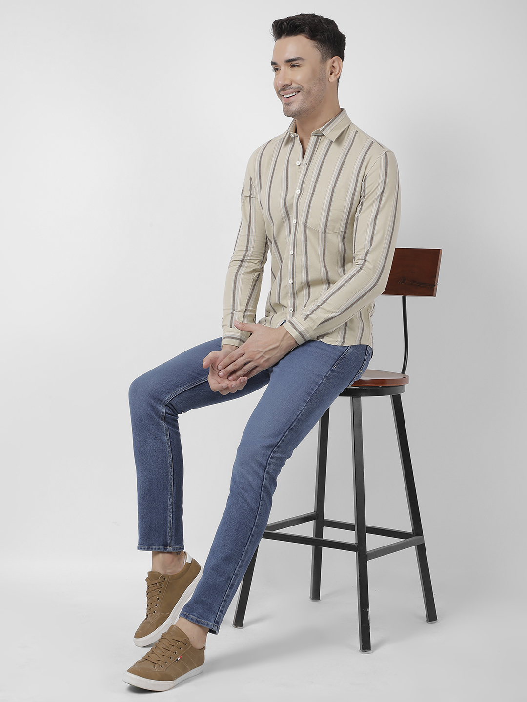 Numero Uno Men Striped Beige Shirt